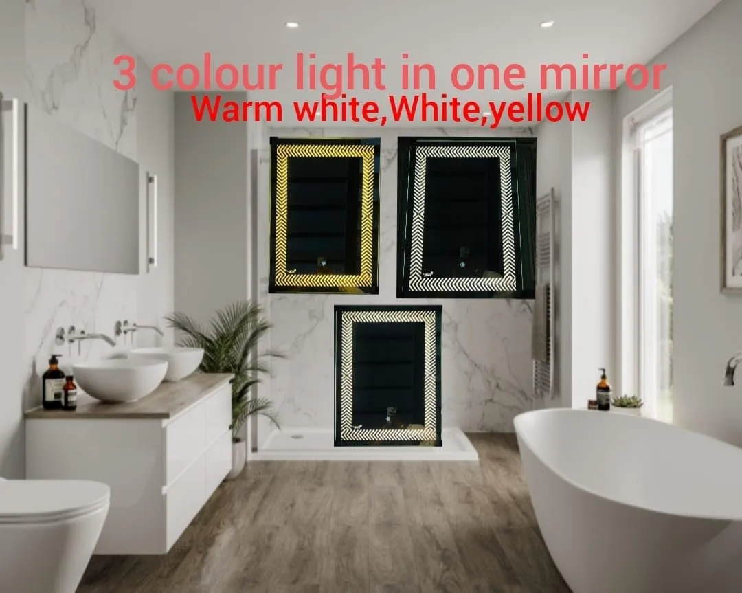 BGH Wall-Mounted LED Mirror with Touch Sensor | 3 Light Levels (Warm White, White, Yellow) | Designer Mirror for Living Room, Bedroom, Dressing Room & Hallway,1 Year Warranty