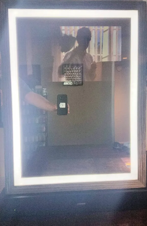 Framed Google Assistant Mirror w/Bright Vanity Light-32" Samsung 4K QLED in 30"X40"X3" Wood Frame