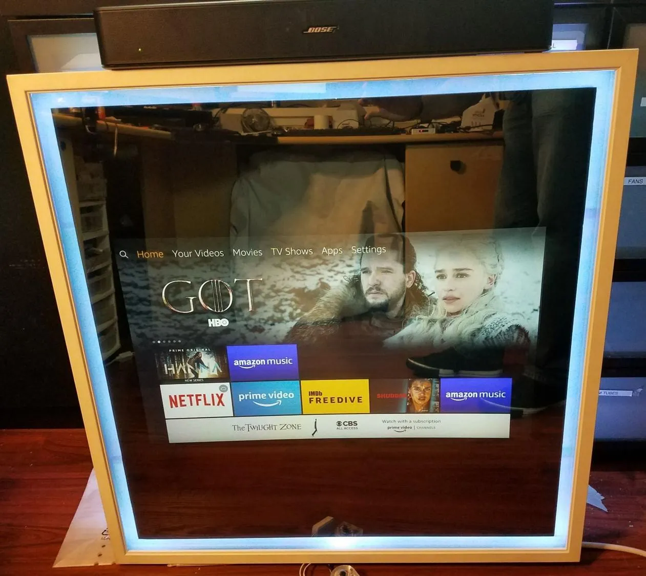 Framed Google Assistant Mirror w/Bright Vanity Light-32" Samsung 4K QLED in 30"X40"X3" Wood Frame
