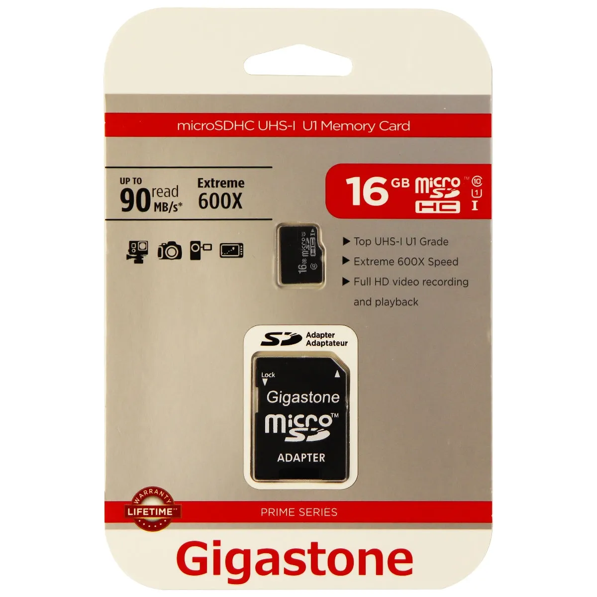 Gigastone MicroSDHC UHS-1 Class 10 (16GB) Memory Card and Adapter - Black