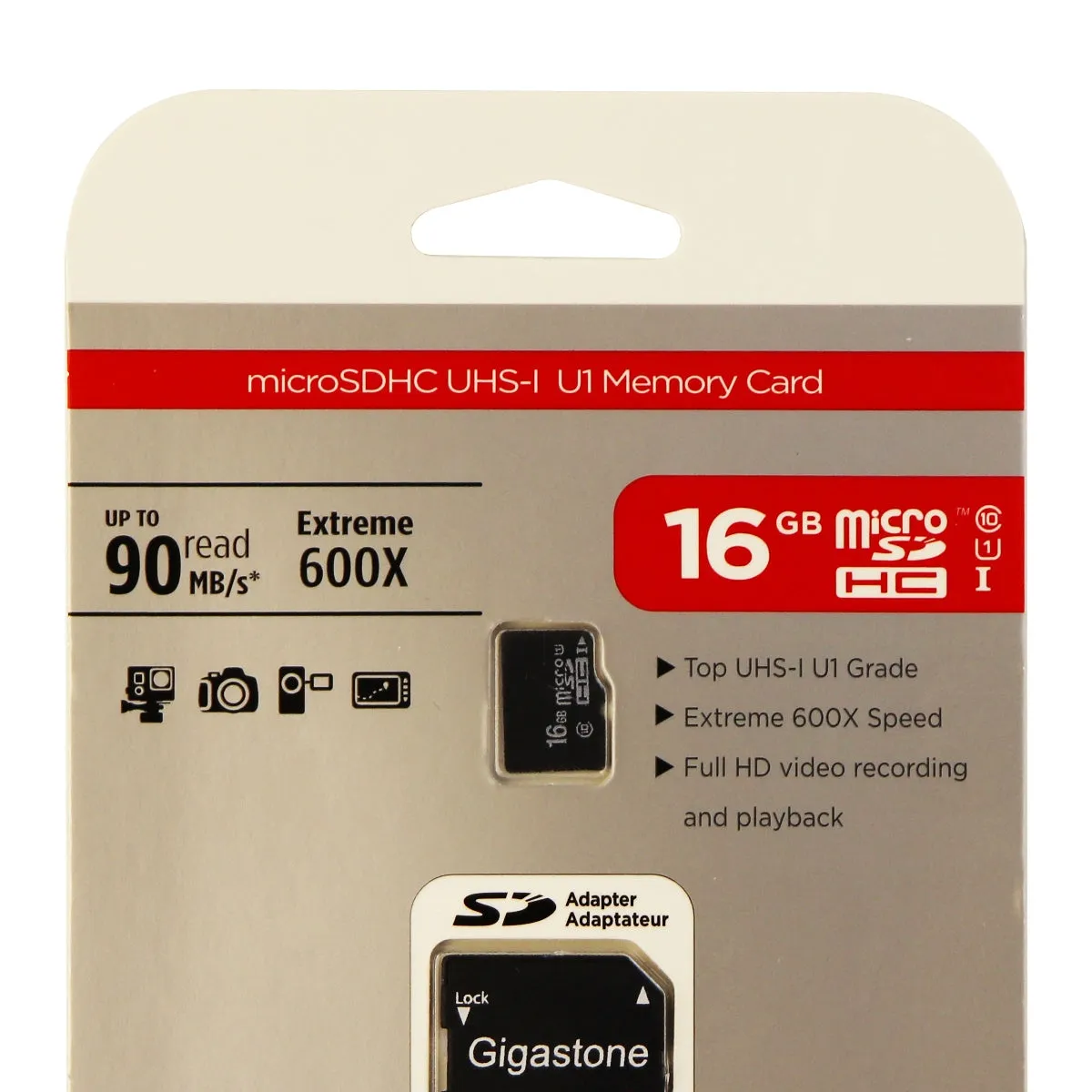 Gigastone MicroSDHC UHS-1 Class 10 (16GB) Memory Card and Adapter - Black