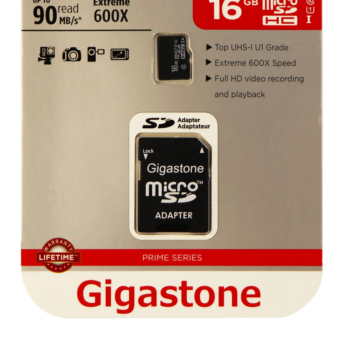 Gigastone MicroSDHC UHS-1 Class 10 (16GB) Memory Card and Adapter - Black