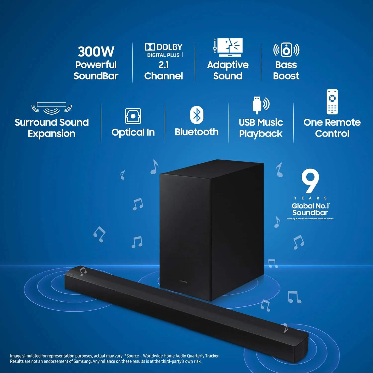 Samsung Soundbar HW-C45E/XL 2.1 Channel, 300W, Dolby Digital, 3 Speakers, Wireless Subwoofer, Bluetooth Enabled and DTS Virtual X Experience Sound (Black)